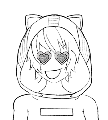 A line drawing of a smiling character with hearts for eyes.
